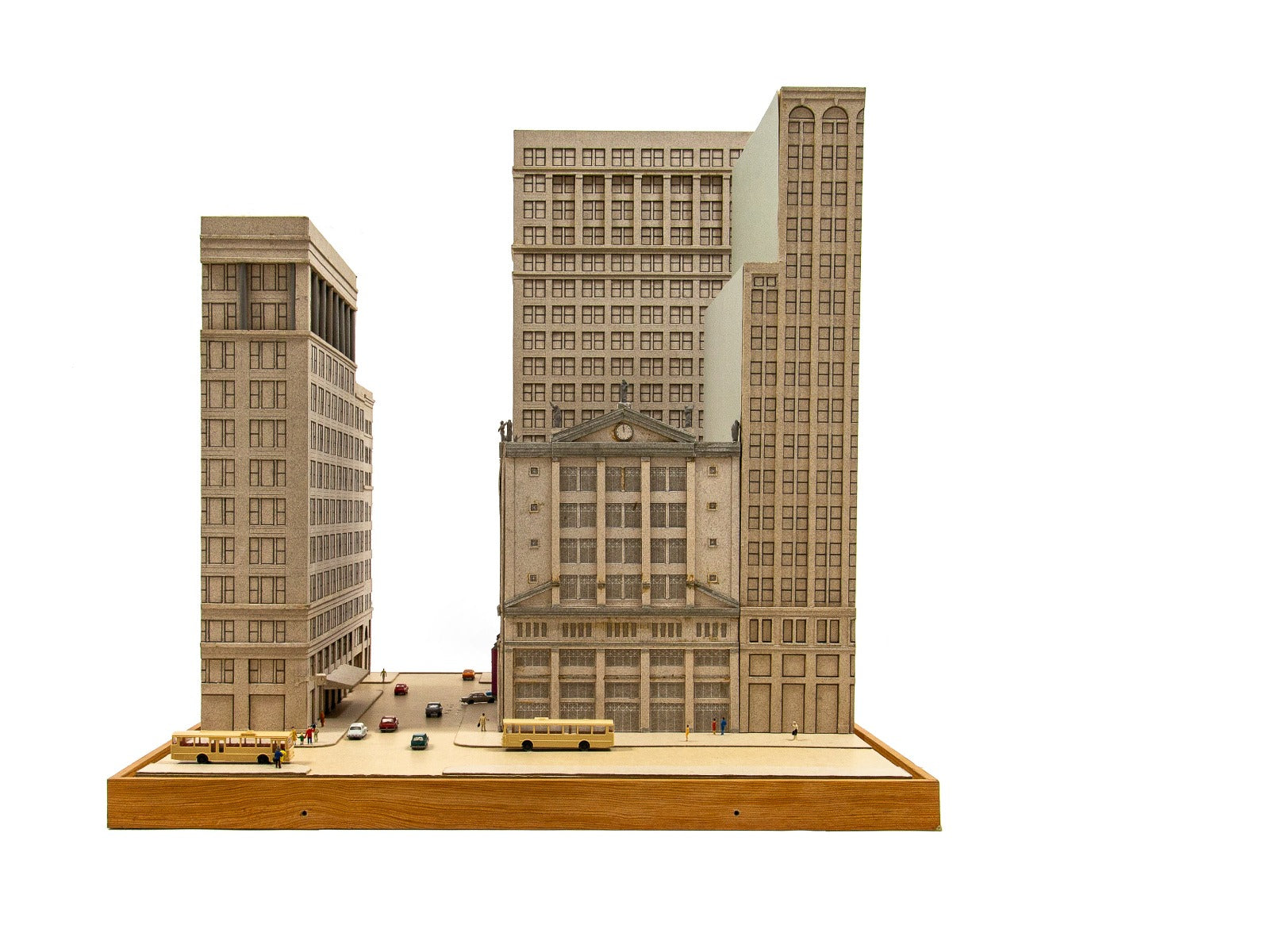 oversized and detailed 1990s stanley tigerman presentation model for a parking garage located on the se corner of state and washington streets