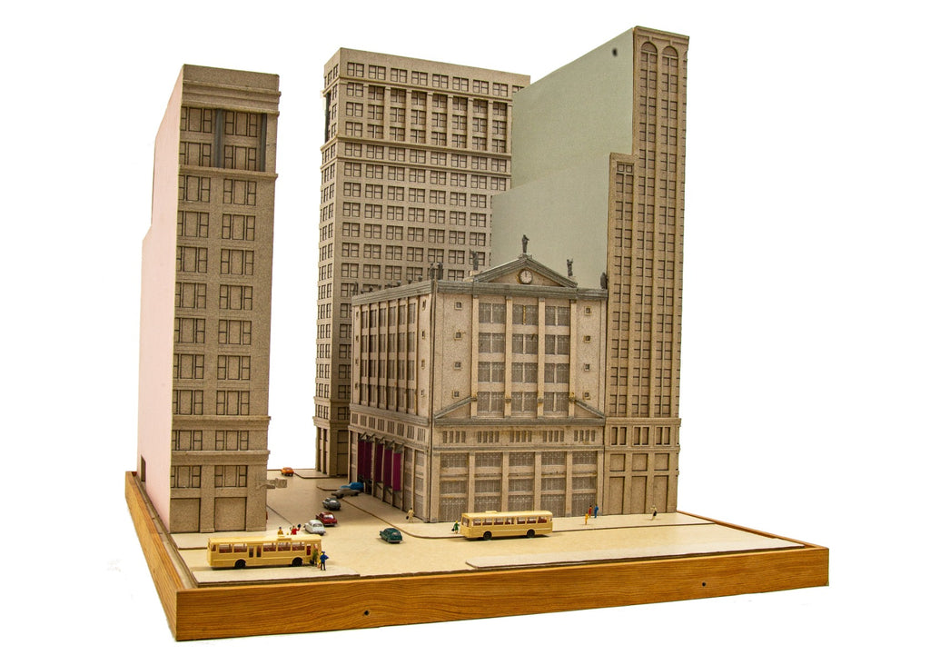 oversized and detailed 1990s stanley tigerman presentation model for a parking garage located on the se corner of state and washington streets