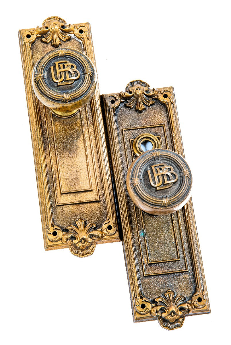 matching set of p.f. corbin custom-designed pittsburgh 1906 union bank buildiing doorkbnobs and backplates