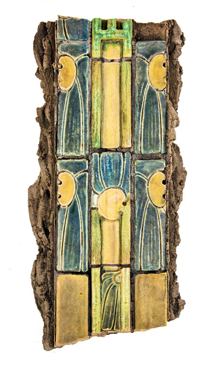 richly colored custom-designed glazed interior lobby tile assembly fragment salvaged in 1974 from price & mclanahan's pennsylvania railroad freight terminal (1918)