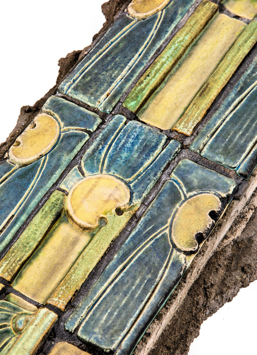 richly colored custom-designed glazed interior lobby tile assembly fragment salvaged in 1974 from price & mclanahan's pennsylvania railroad freight terminal (1918)