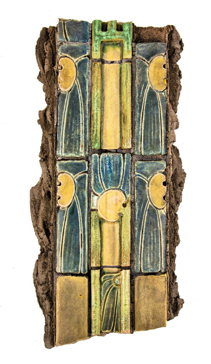 richly colored custom-designed glazed interior lobby tile assembly fragment salvaged in 1974 from price & mclanahan's pennsylvania railroad freight terminal (1918)