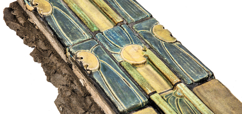 richly colored custom-designed glazed interior lobby tile assembly fragment salvaged in 1974 from price & mclanahan's pennsylvania railroad freight terminal (1918)