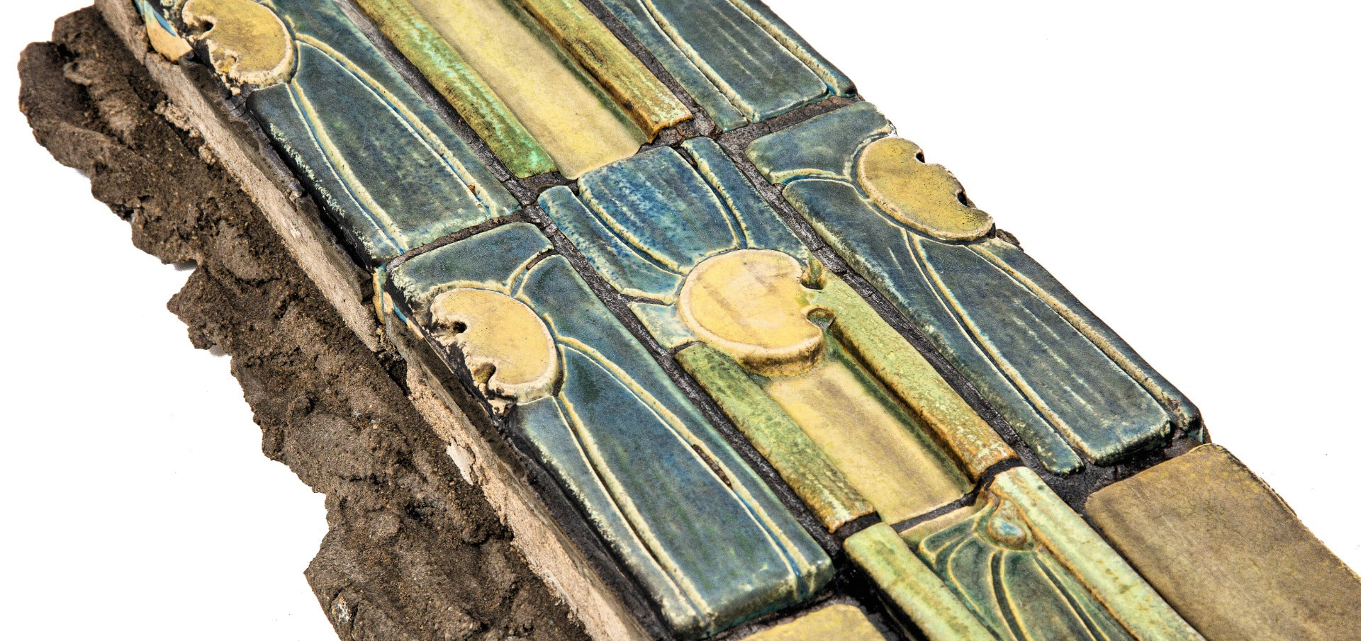 richly colored custom-designed glazed interior lobby tile assembly fragment salvaged in 1974 from price & mclanahan's pennsylvania railroad freight terminal (1918)