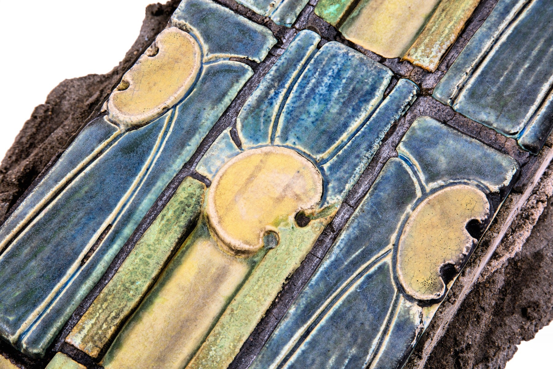 richly colored custom-designed glazed interior lobby tile assembly fragment salvaged in 1974 from price & mclanahan's pennsylvania railroad freight terminal (1918)