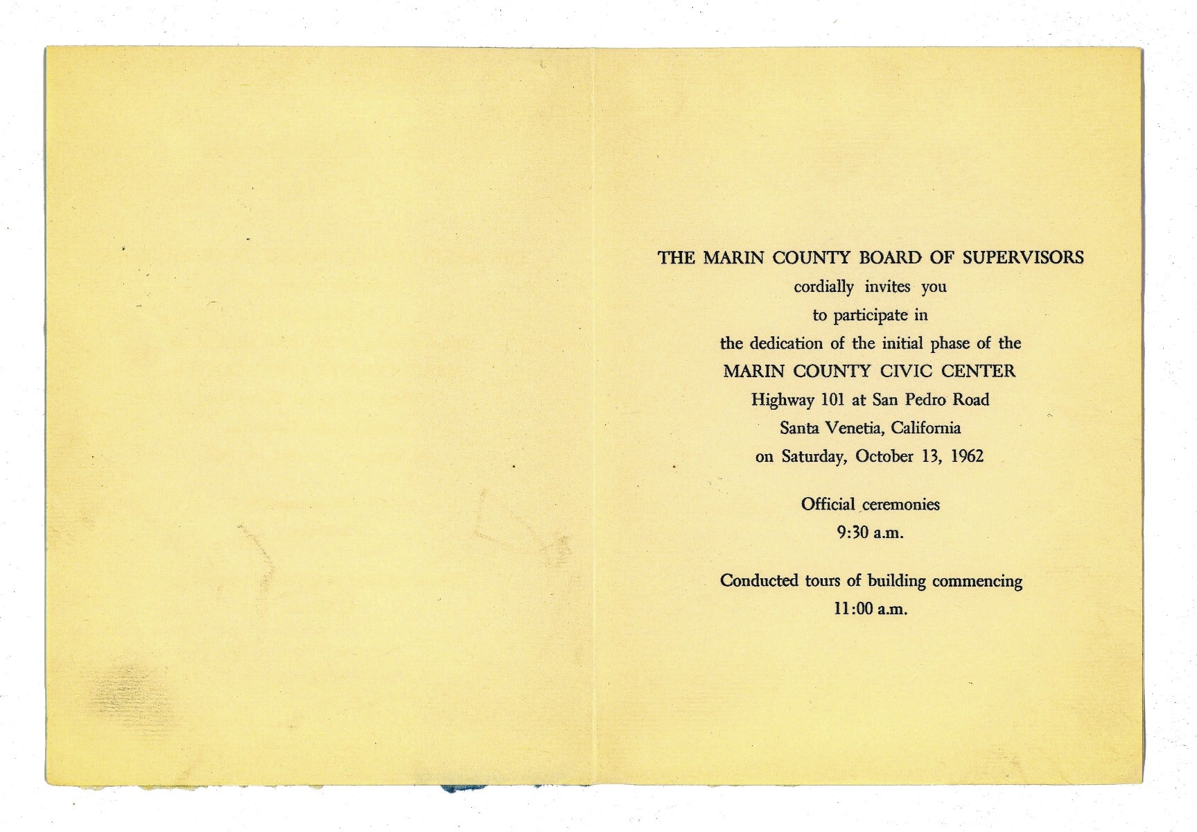 original 1962 dedication invite for frank lloyd wright's marin county civic center