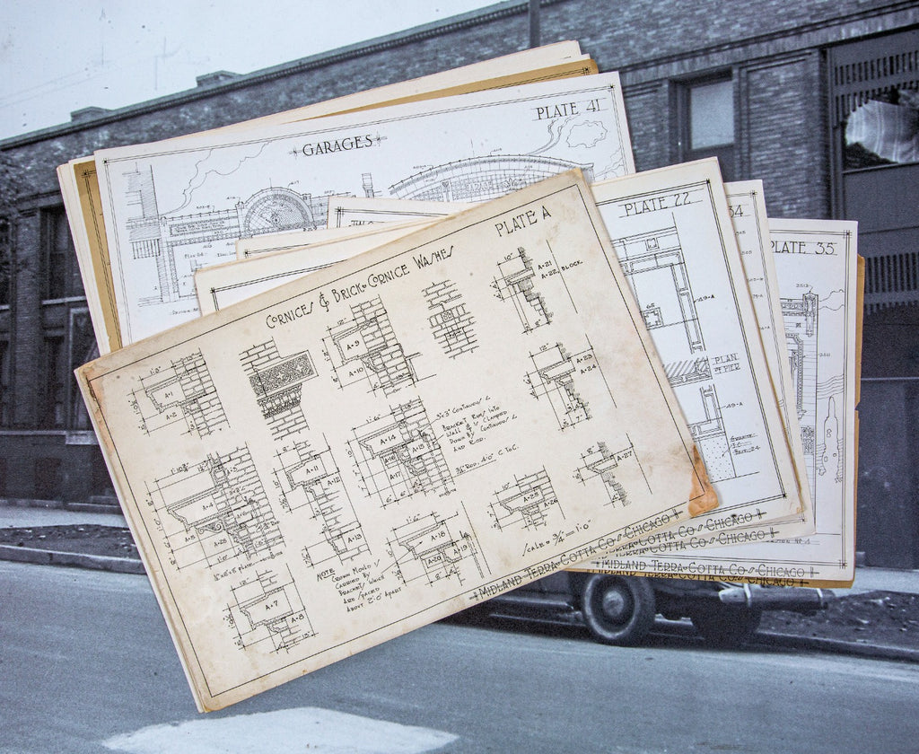 large lot of original early 20th century midland terra cotta stock product and plan presentation plates