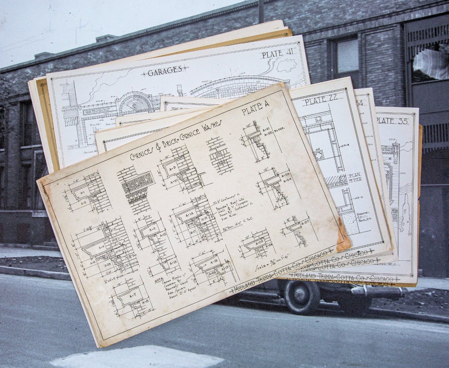 large lot of original early 20th century midland terra cotta stock product and plan presentation plates