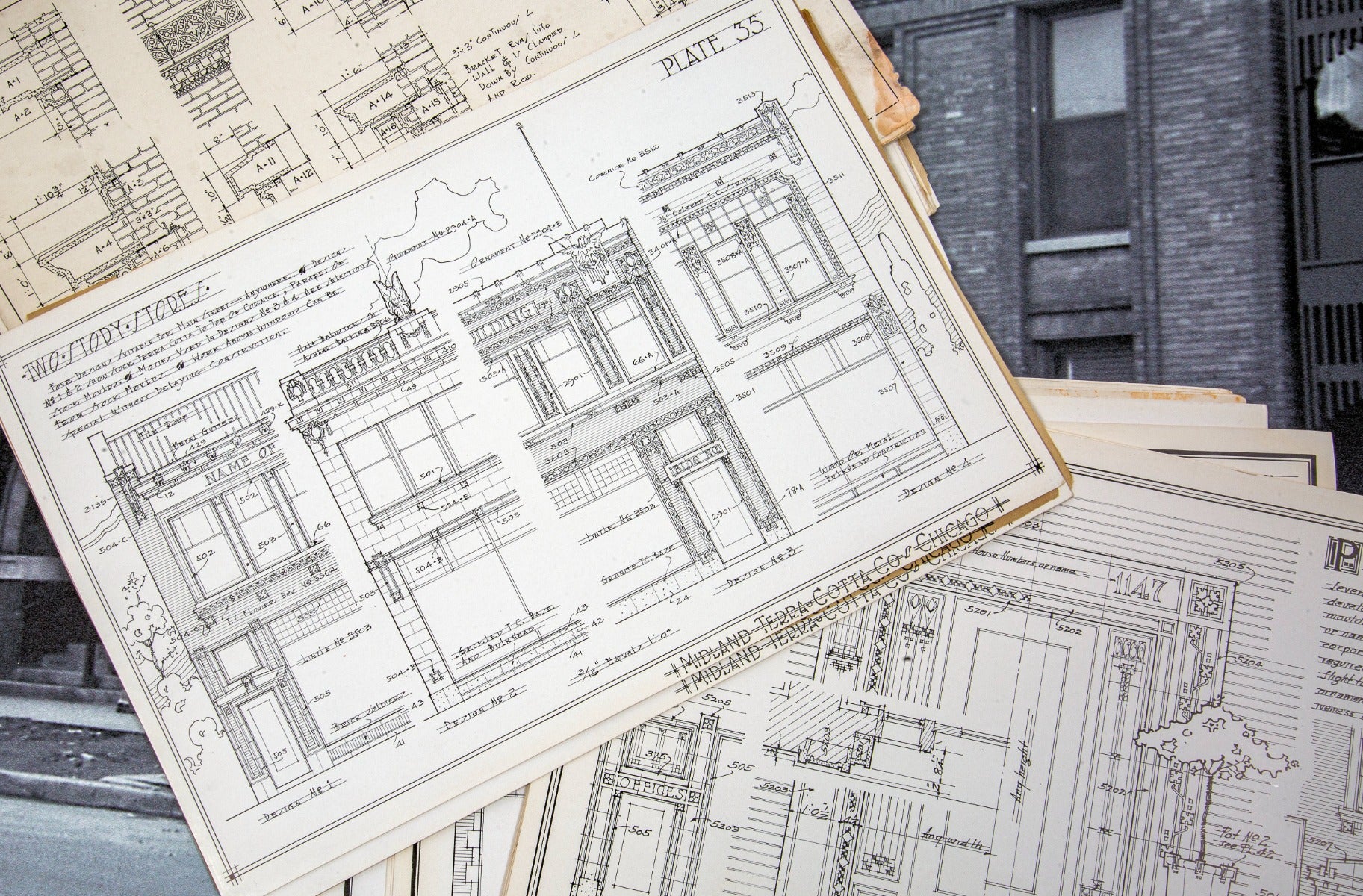 large lot of original early 20th century midland terra cotta stock product and plan presentation plates