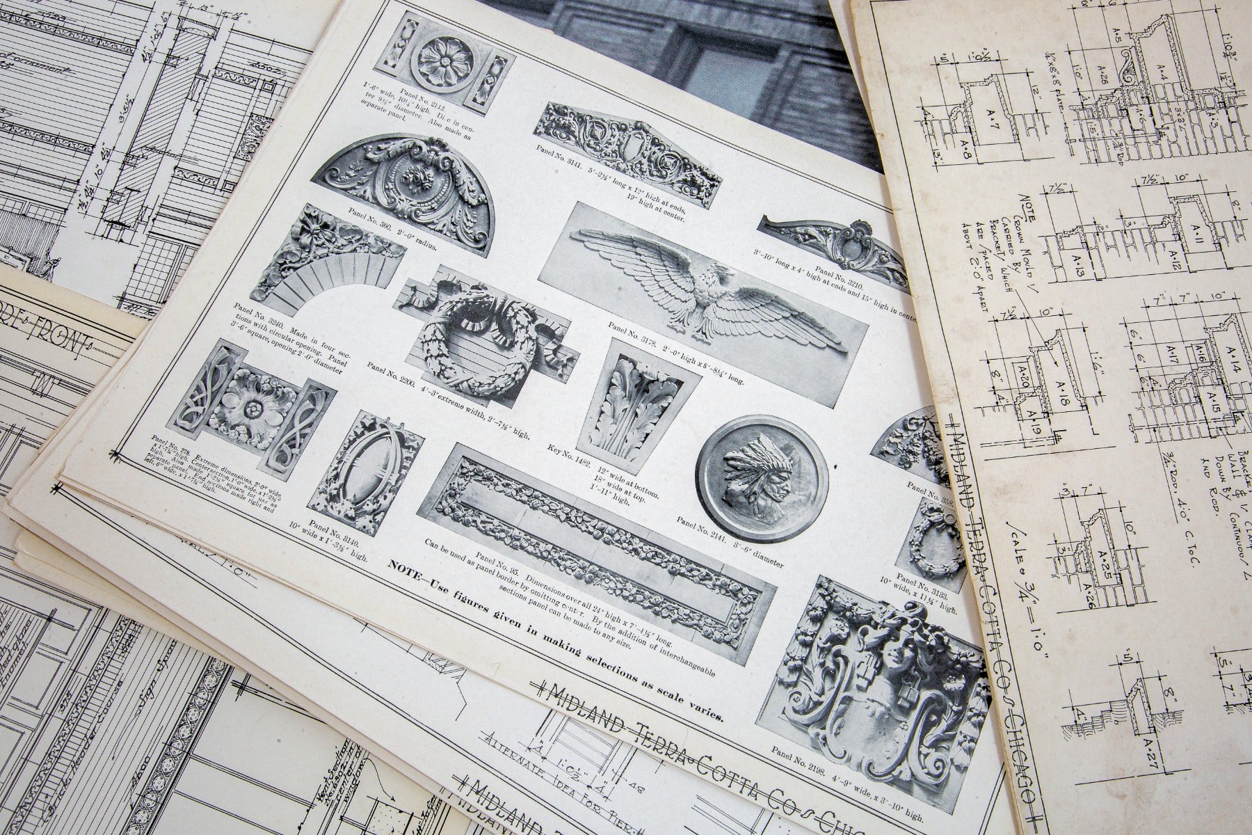large lot of original early 20th century midland terra cotta stock product and plan presentation plates