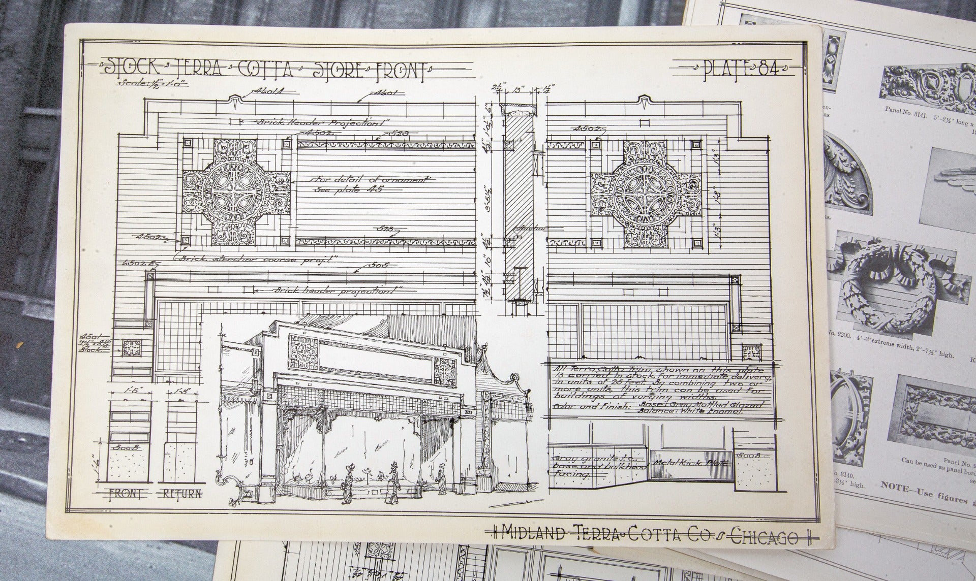 large lot of original early 20th century midland terra cotta stock product and plan presentation plates