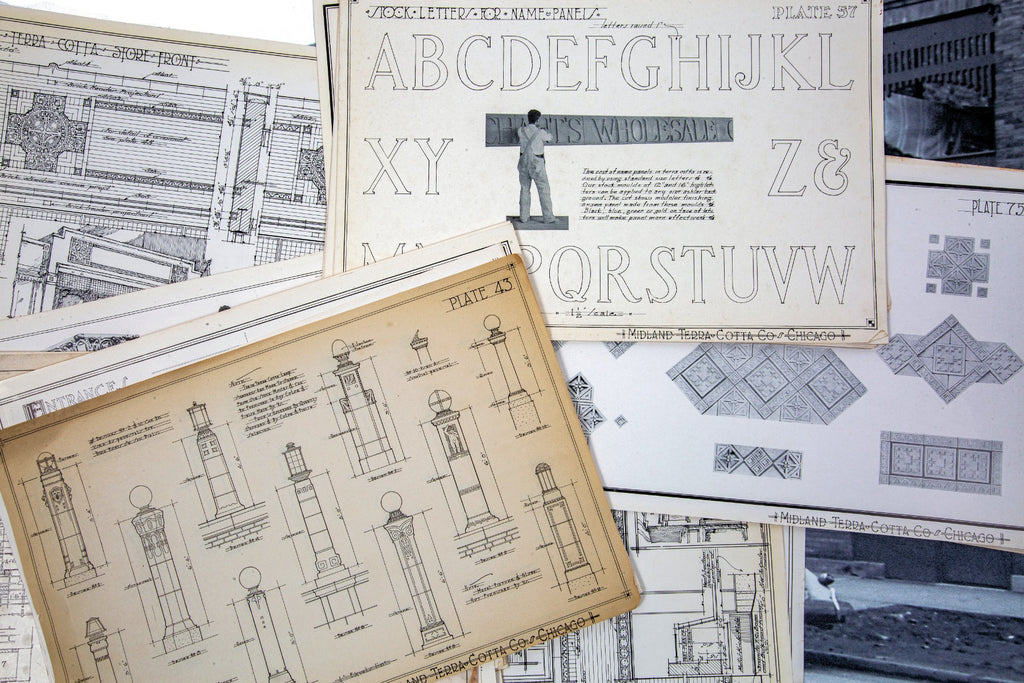 large lot of original early 20th century midland terra cotta stock product and plan presentation plates