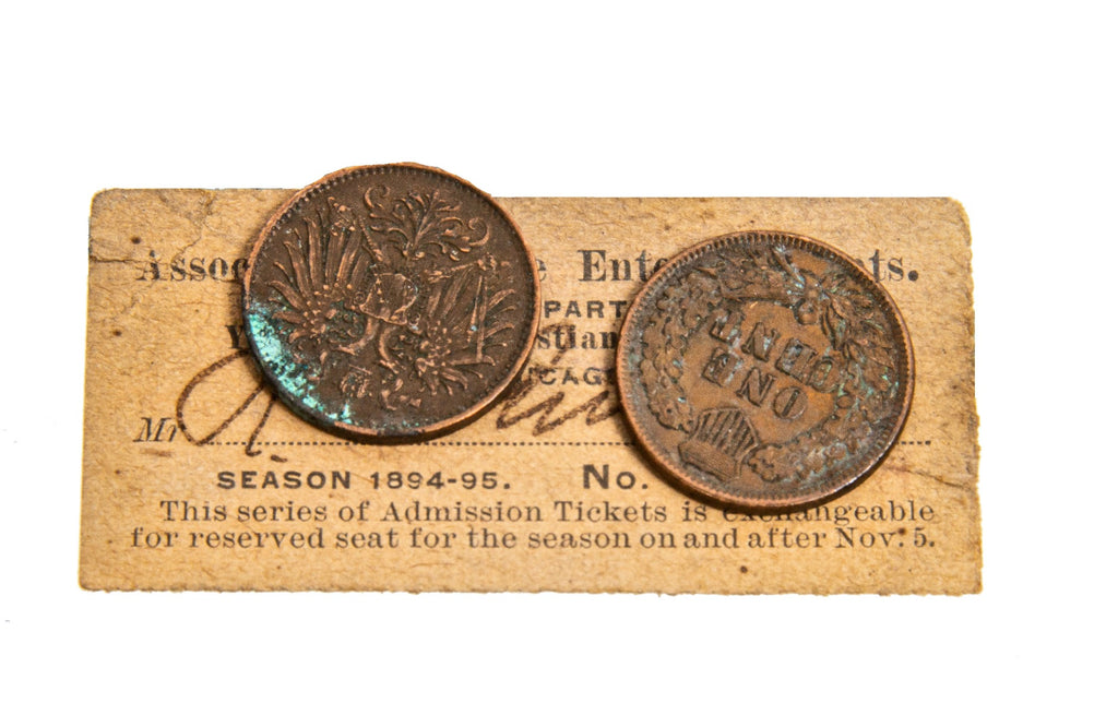 historically important 1895 coins and ticket stub salvaged from the time capsule of architect john m. van osdel ii's ywca building during its demolition in 2009