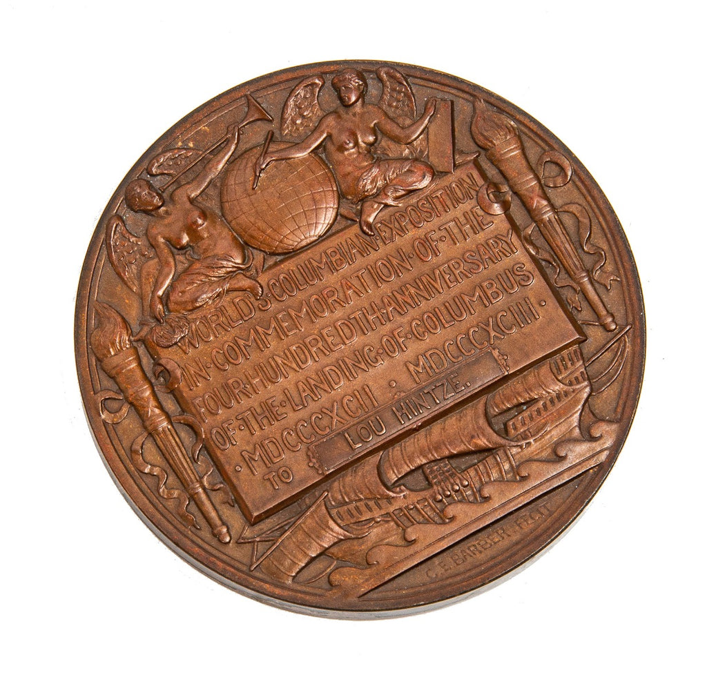 rare oversized augustus saint-gaudens-designed cast bronze 1893 columbian exposition presentation medal issued to lou hintze