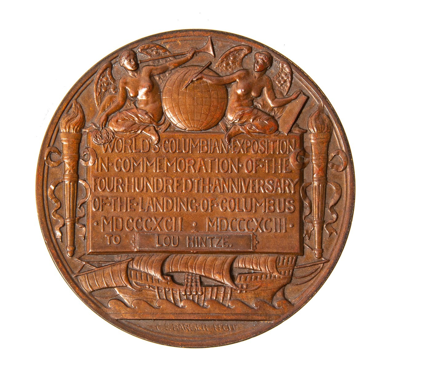 rare oversized augustus saint-gaudens-designed cast bronze 1893 columbian exposition presentation medal issued to lou hintze