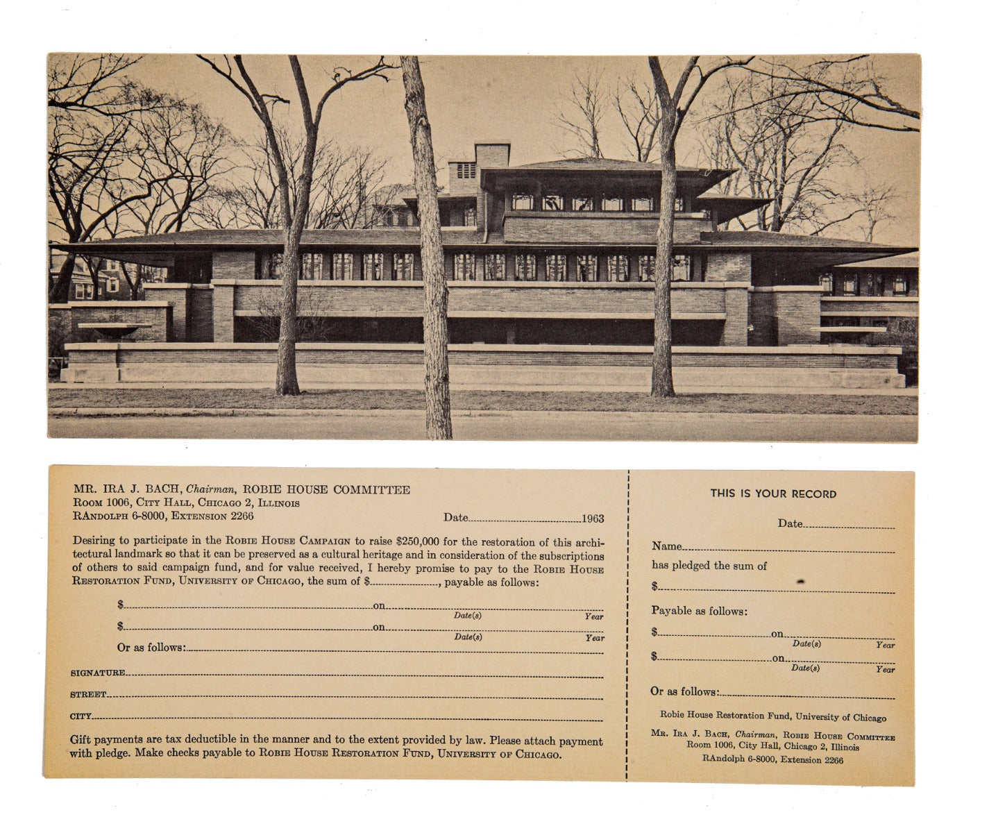 rare original 1963 frank lloyd wright robie house restoration fund, university of chicago cards