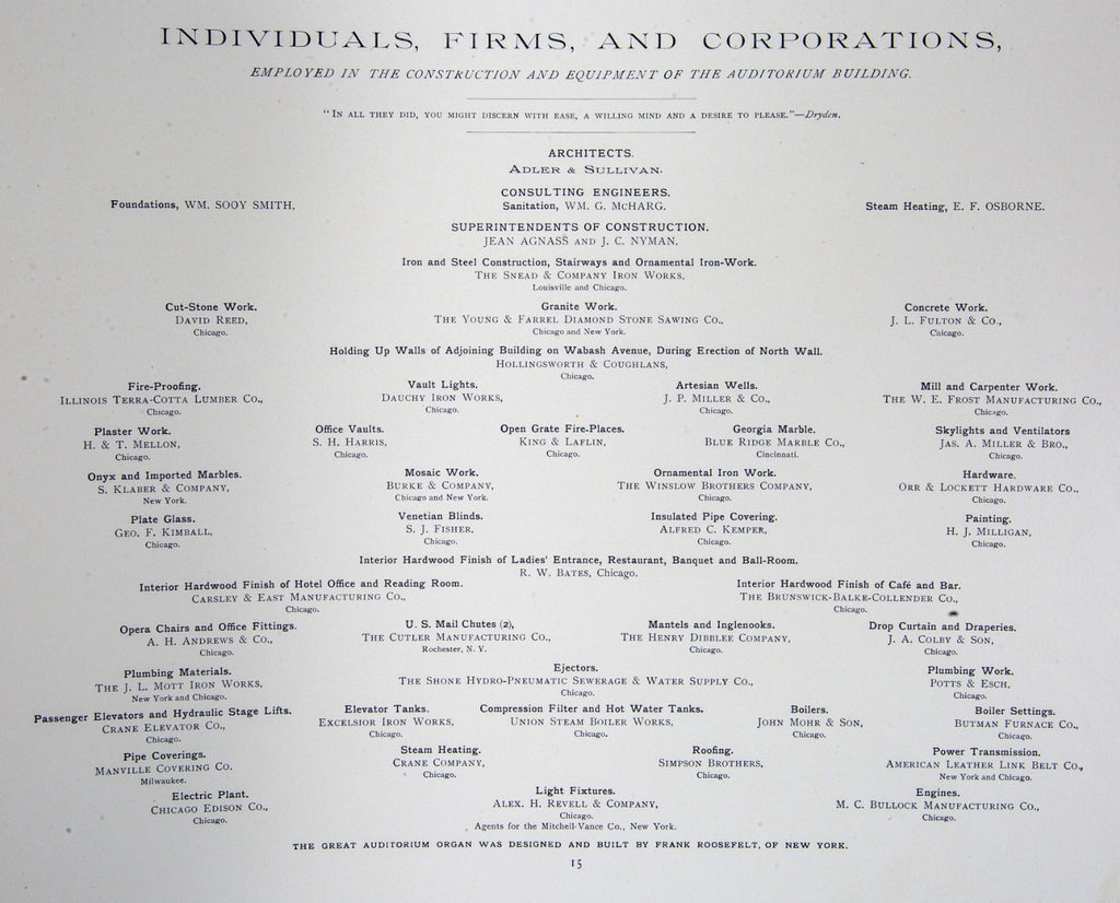 exceptionally rare and original 1889 offical adler and sullivan auditorium building and theater dedication book