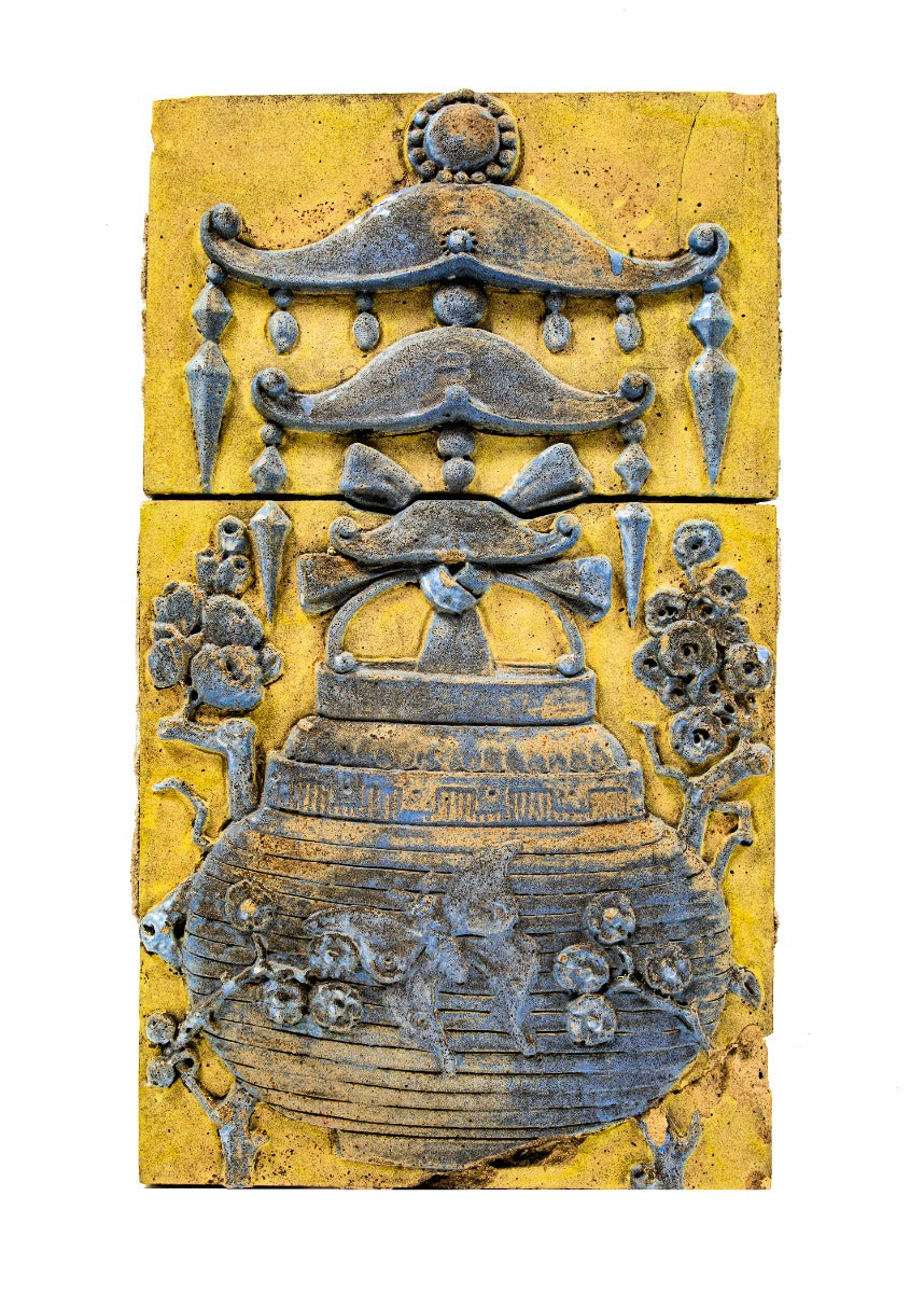polychrome-glazed original ornamental terra cotta two-part panel salvaged from jimmy wong's wabash avenue restaurant