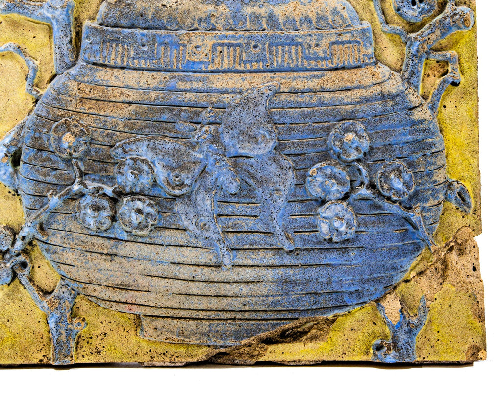 polychrome-glazed original ornamental terra cotta two-part panel salvaged from jimmy wong's wabash avenue restaurant