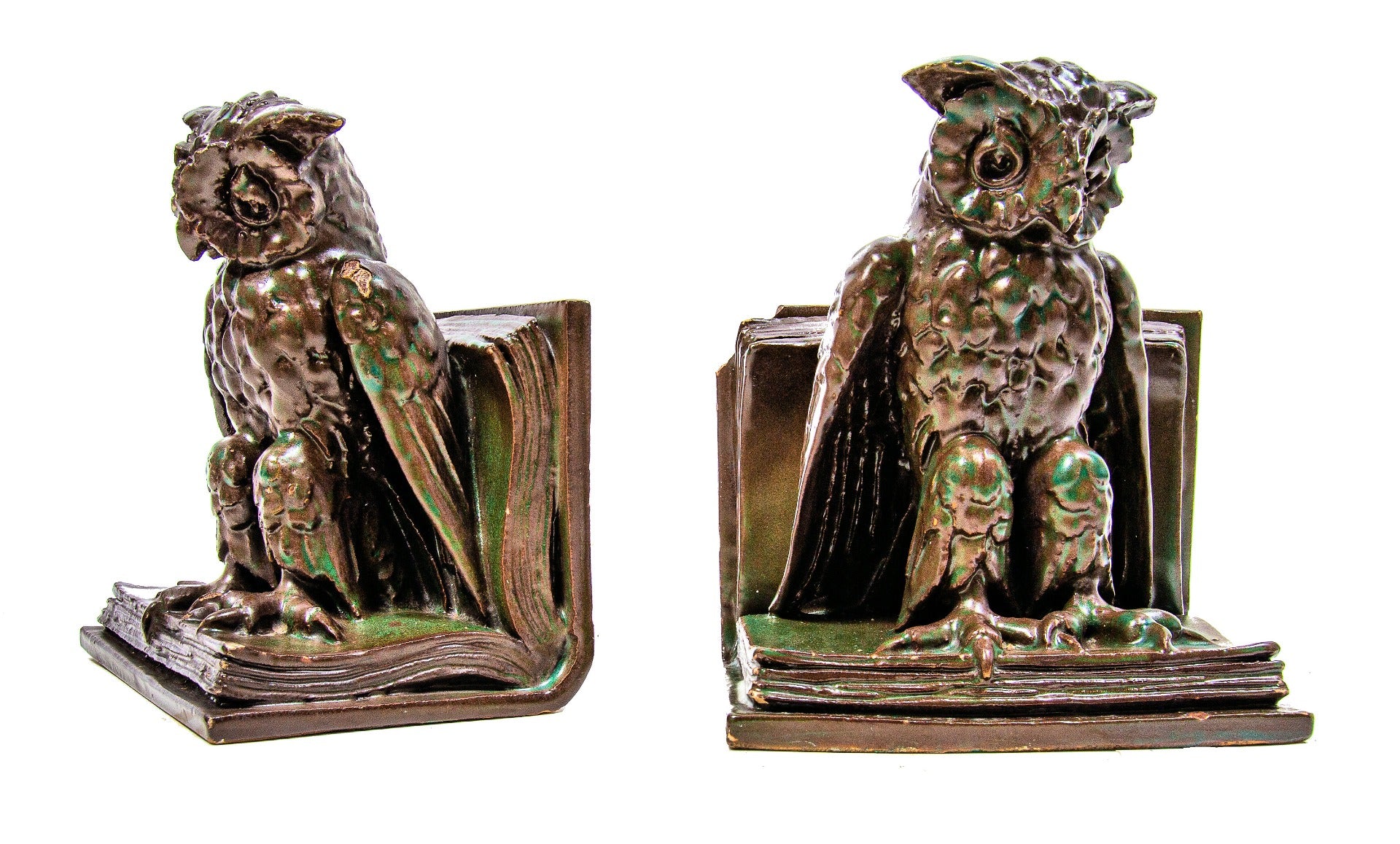 one of two very rare all original and richly colored advance terra cotta owl bookend salesman sample