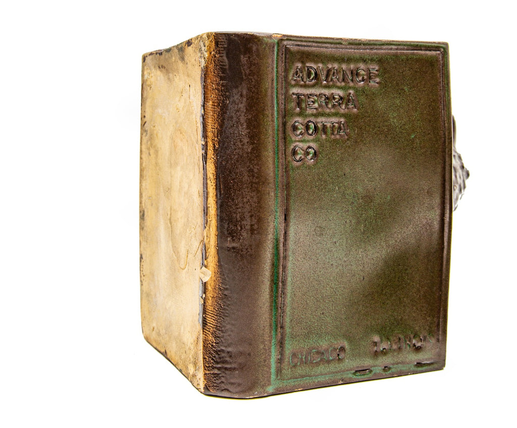 one of two very rare all original and richly colored advance terra cotta owl bookend salesman sample