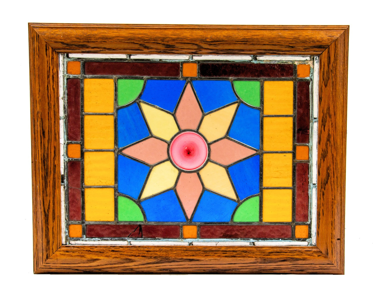 original late 1890s diminutive american victorian salvaged chicago stained glass window in hangiing wood frame