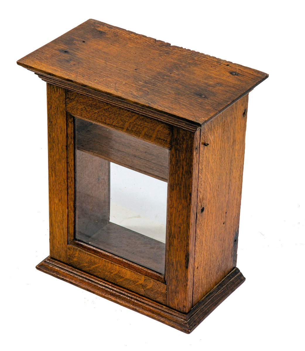 original early 20th century solid oak wood counter top display cabinet with hinged door and single shelf