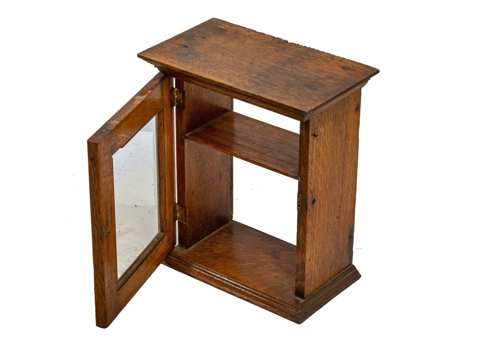 original early 20th century solid oak wood counter top display cabinet with hinged door and single shelf