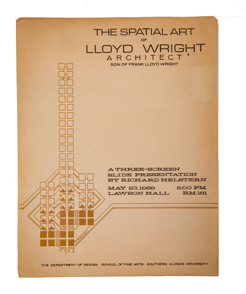 original 1968 "spatial art of lloyd wright" leaflet or annoucement held at austin hall, southern illinois university