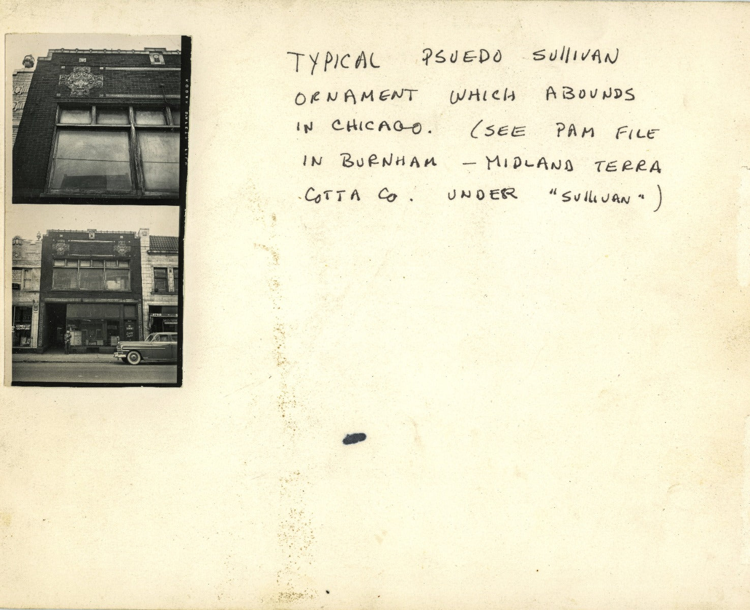 original 8 x 10 richard nickel photographic print of single-story chicago commerical building with "psuedo sullivan ornament"