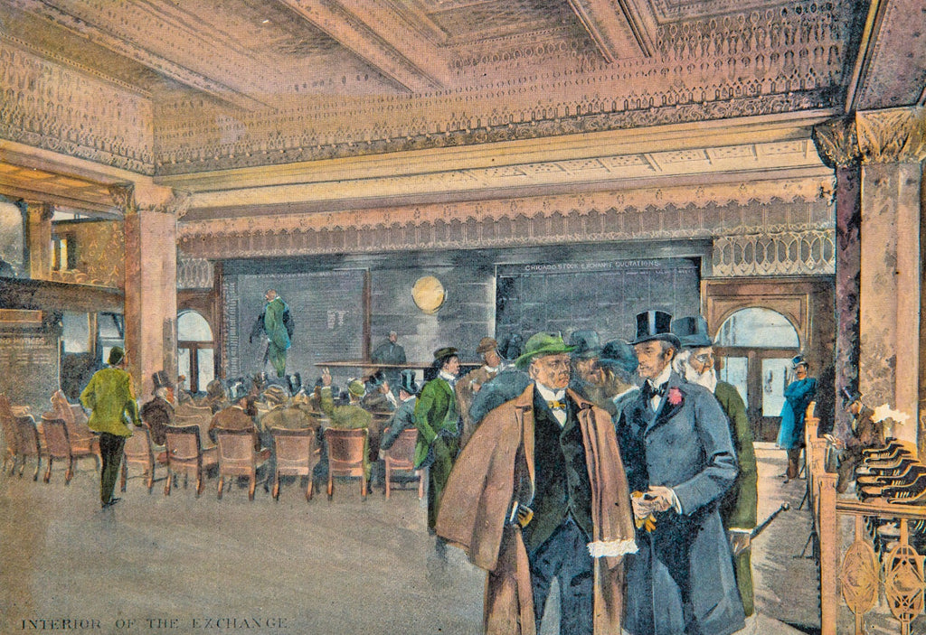 rare and unusual original hand-colored harper's lithograph of adler and sullivan's 13-story chicago stock exchange building done around the time the building opened in 1894