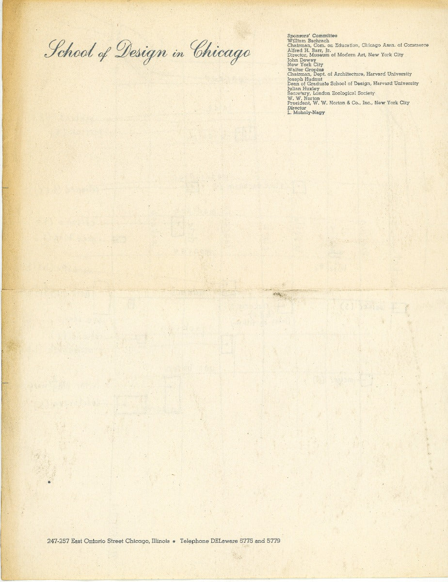 original 1939-1943 school of design in chicago stationary (l. moholy-nagy, director) with hand-drawn map of downtown chicago landmarks on backside