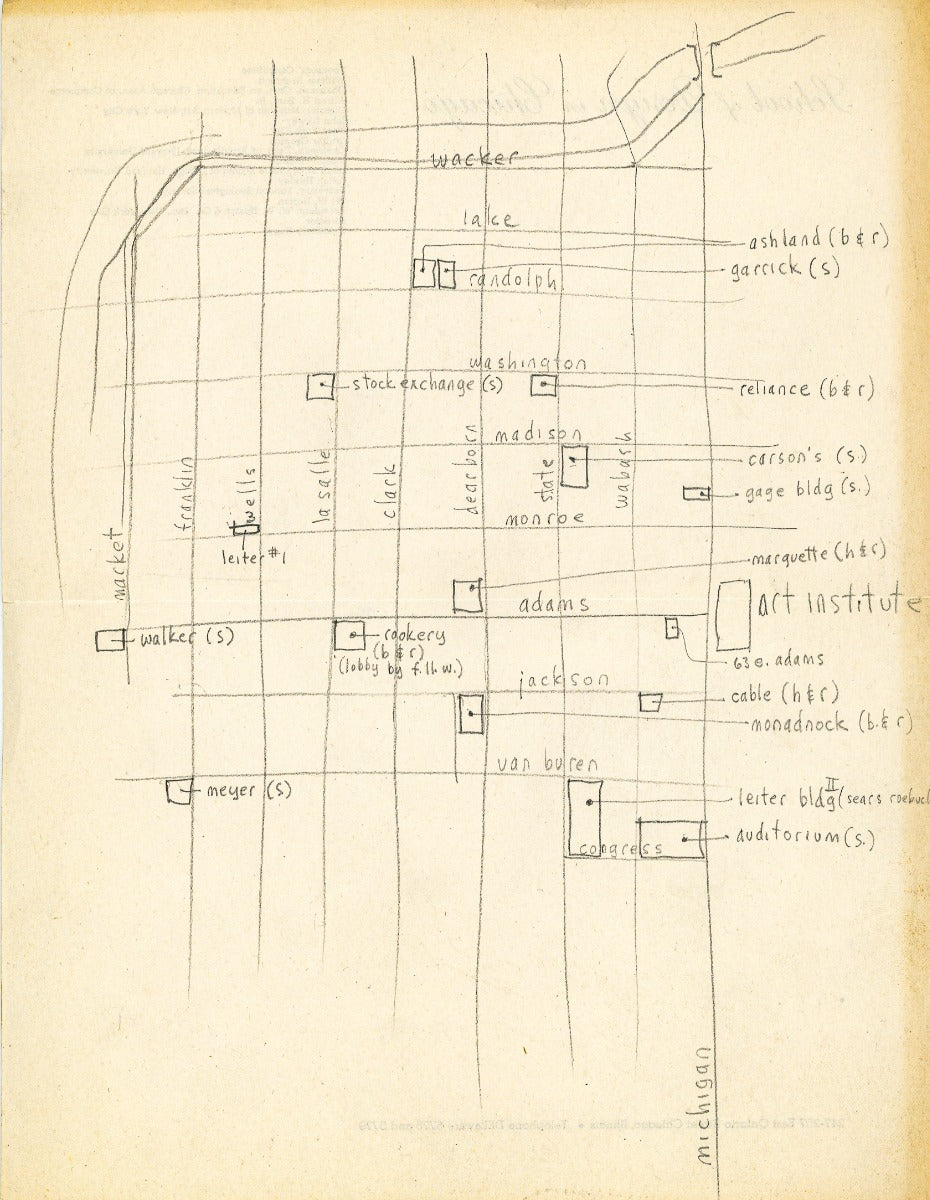 original 1939-1943 school of design in chicago stationary (l. moholy-nagy, director) with hand-drawn map of downtown chicago landmarks on backside