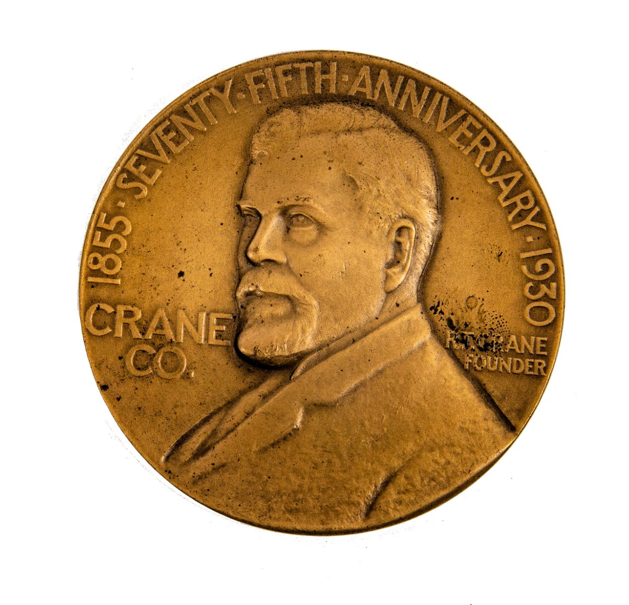 original cast brass 1930 double-sided r.t. crane 75th anniversary medal designed by john ray sinnock and executed by medallic art company
