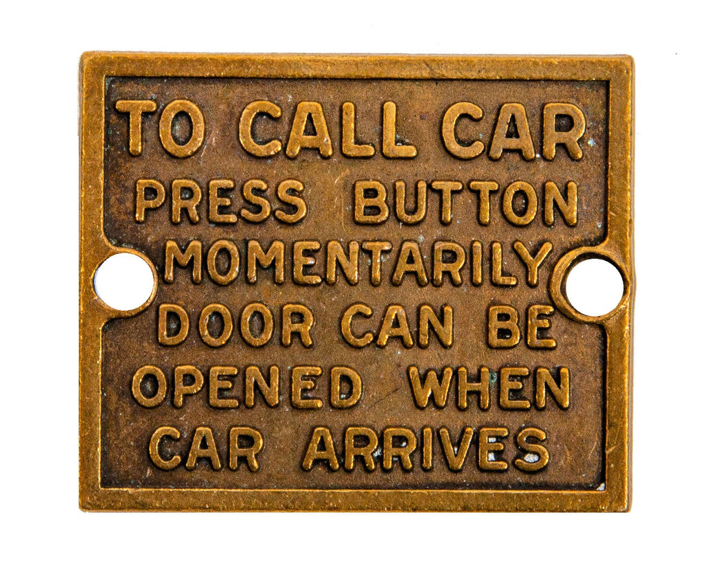 original 1920s diminutive cast brass single-sided wrigley building freight elevator informational plaque with nicely aged patina