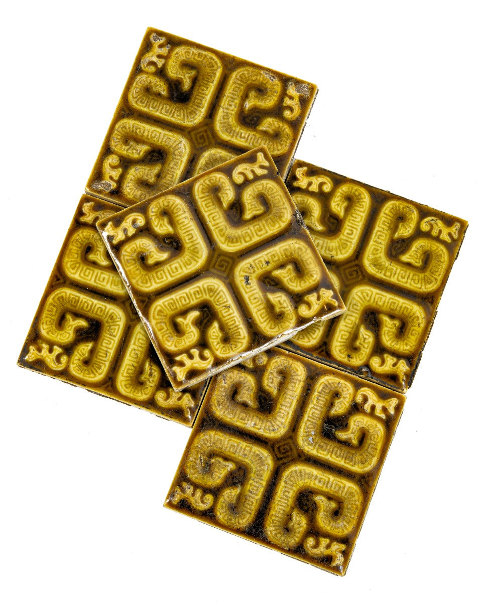 five matching 6 x 6 19th century anglo-japanese style american victorian-era fireplace tiles