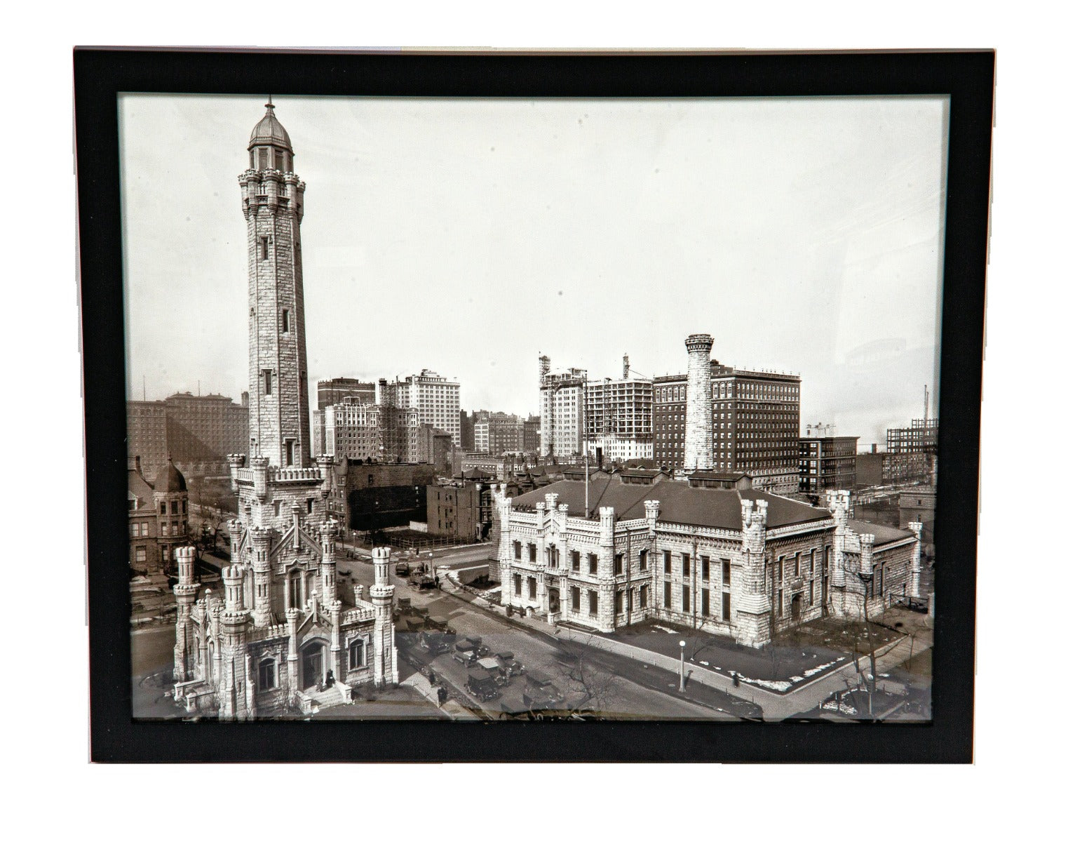 framed 16 x 20 museum-grade reprint of early 1920s william w. boyington's chicago water tower and adjacent pumping station (1869) as it appeared in the early 1920s