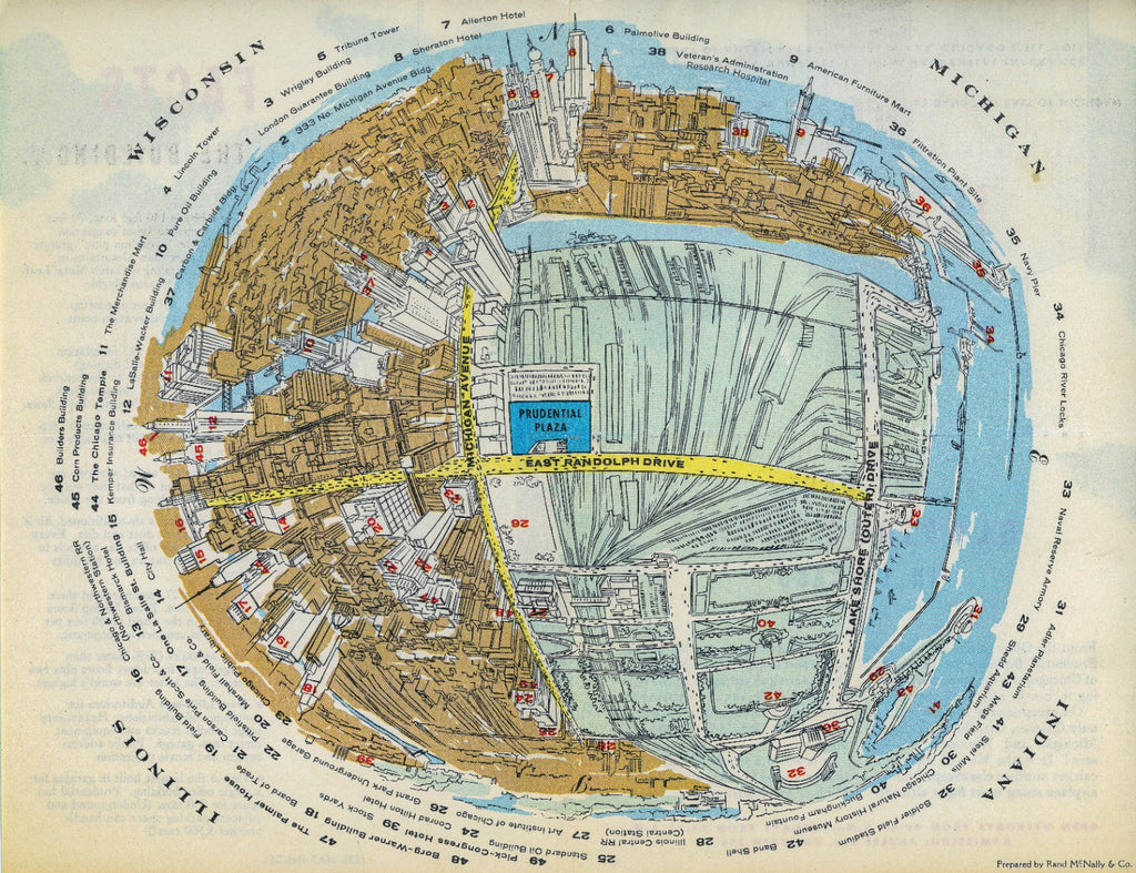 hard to find 1950s chicago prudential building observation deck multi-fold informational pamphlet with map