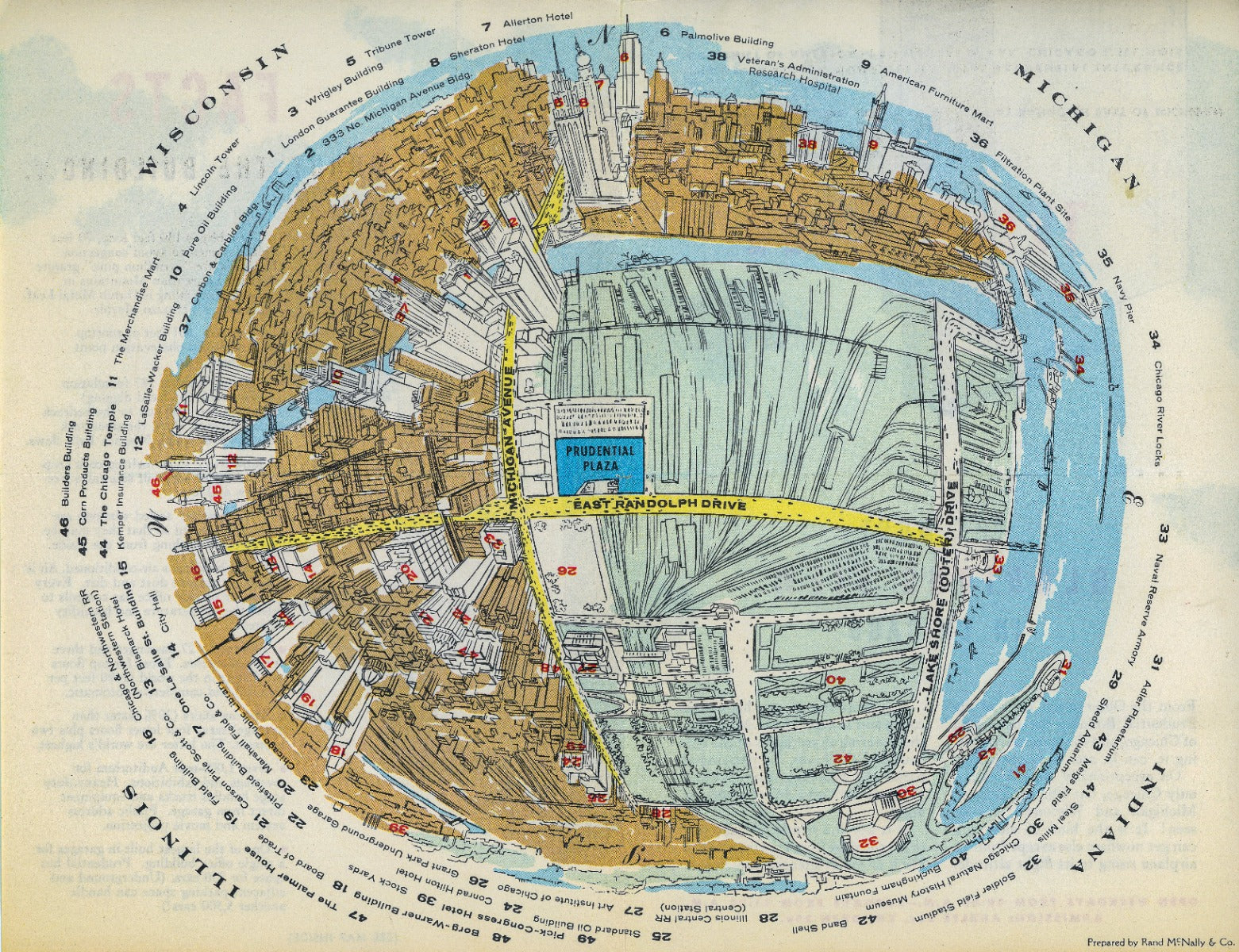 hard to find 1950s chicago prudential building observation deck multi-fold informational pamphlet with map