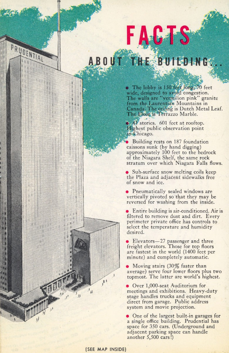 hard to find 1950s chicago prudential building observation deck multi-fold informational pamphlet with map