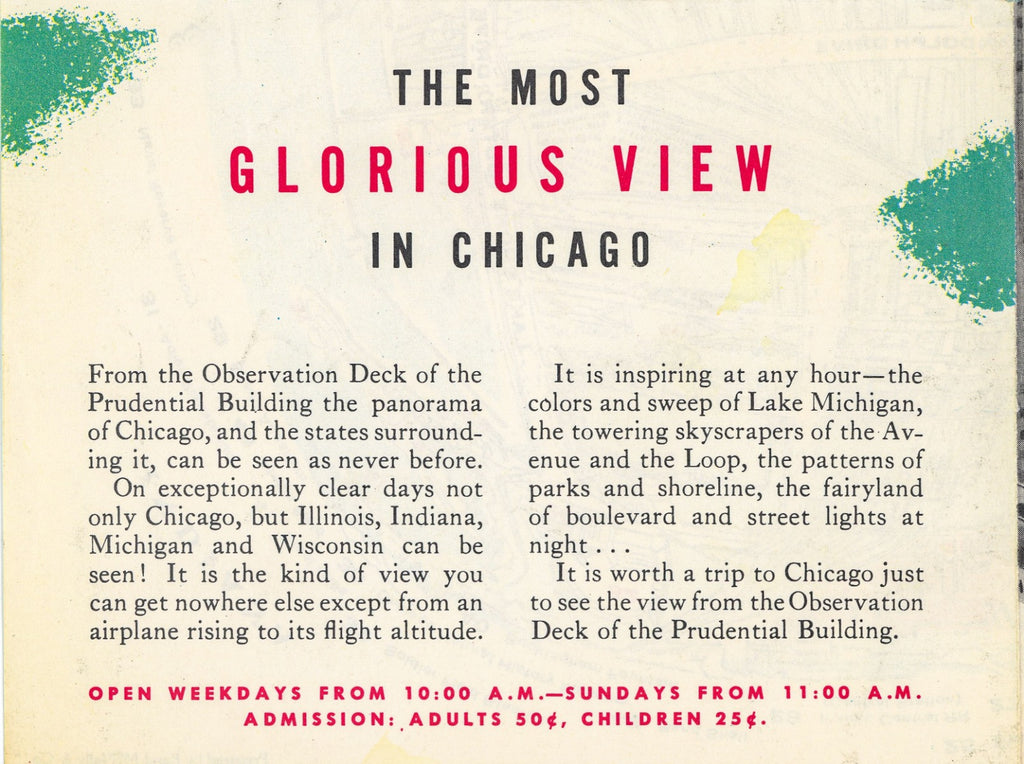 hard to find 1950s chicago prudential building observation deck multi-fold informational pamphlet with map