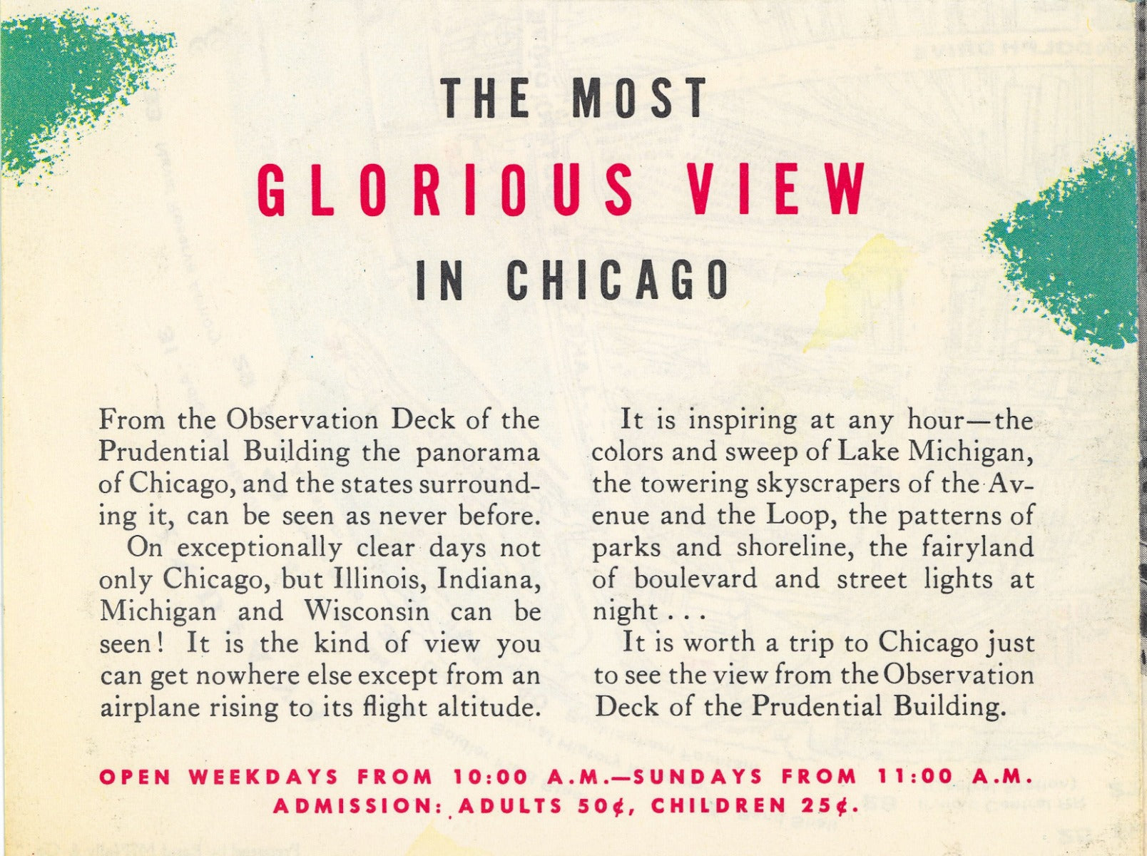 hard to find 1950s chicago prudential building observation deck multi-fold informational pamphlet with map