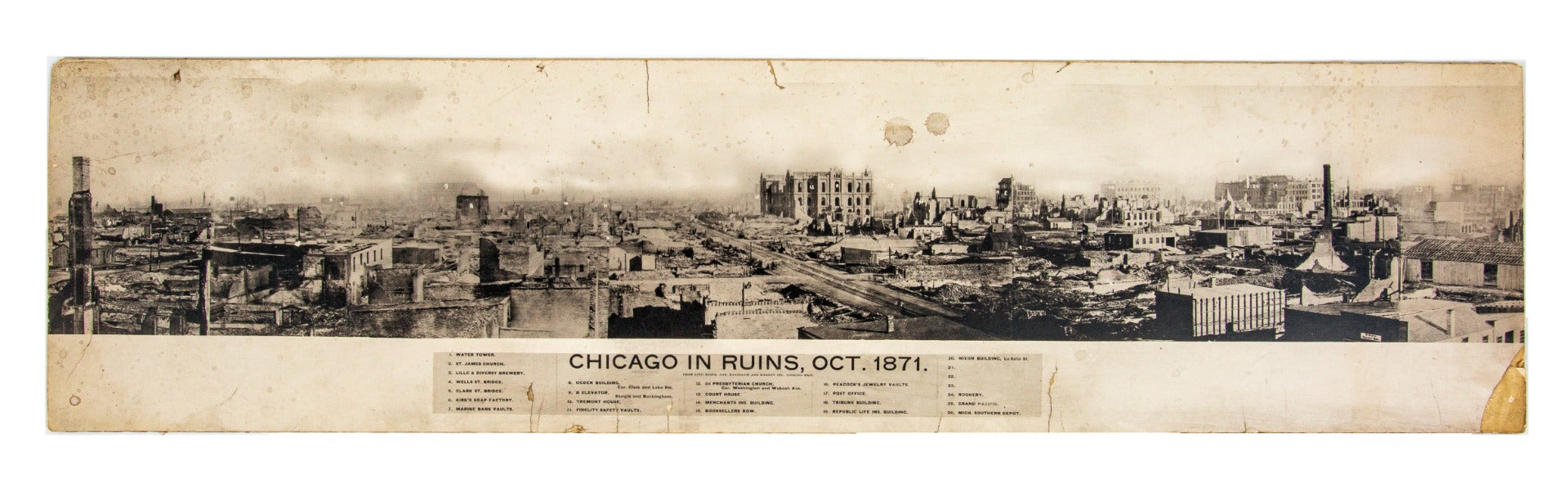 oversized undated mounted panoramic photographic view and print of the great chicago fire of 1871