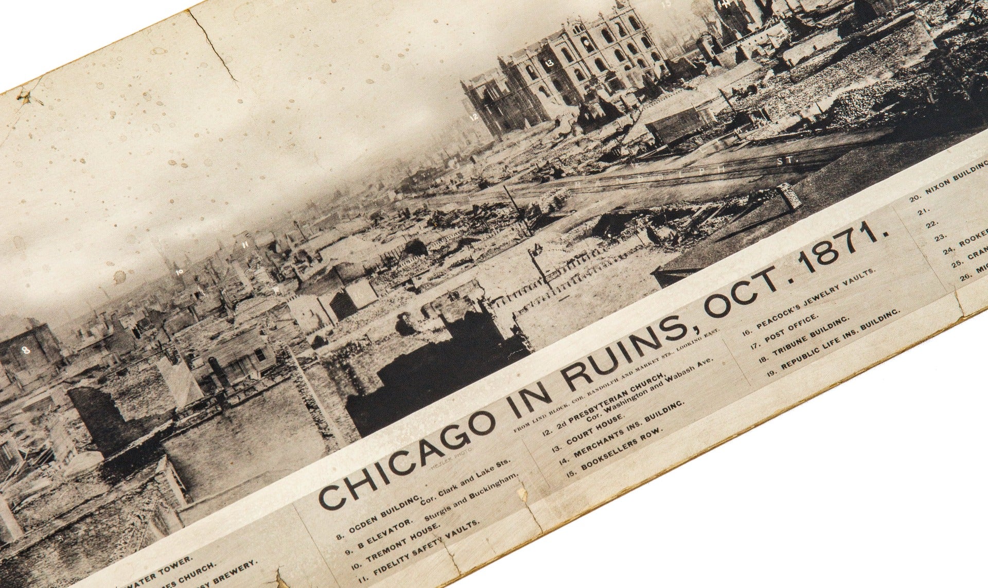 oversized undated mounted panoramic photographic view and print of the great chicago fire of 1871