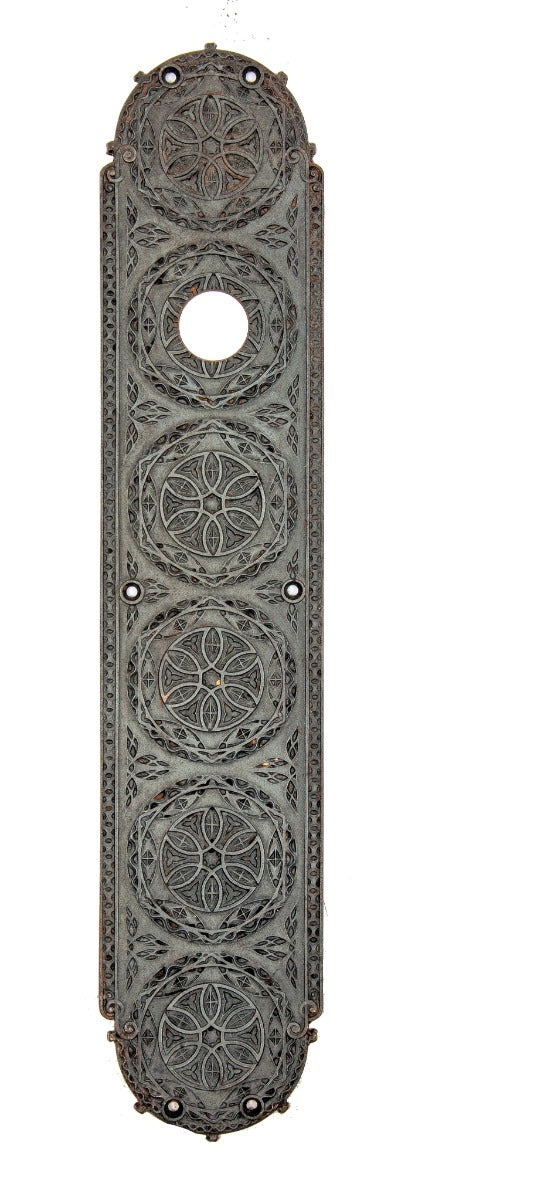 original 1894 louis h. sullivan-designed ornamental cast iron chicago stock exchange trading room door push plate with intact bower-barff finish