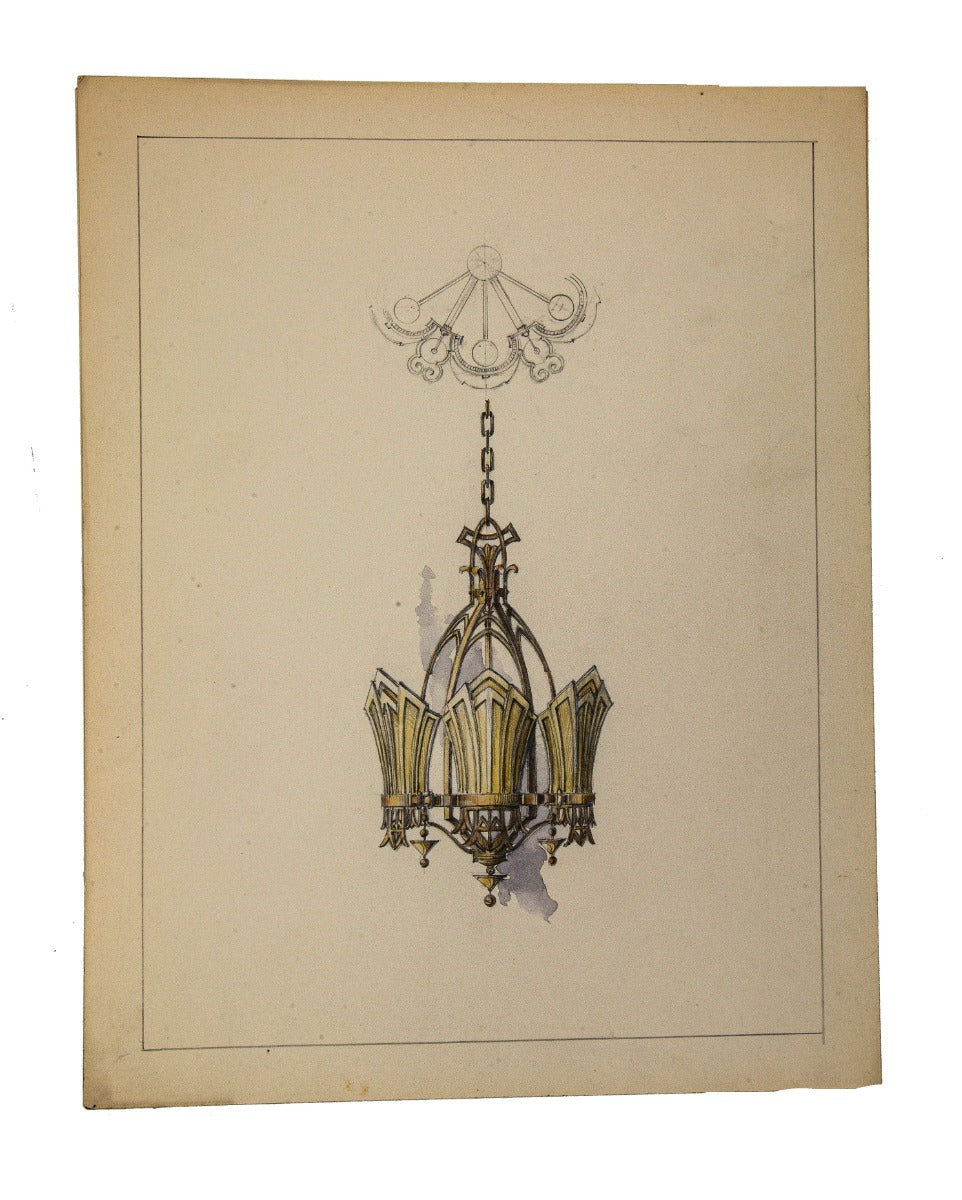 original robert neueder-designed colord pencil art deco slip shade light fixture fabricated by the beardslee lighting company of chicago