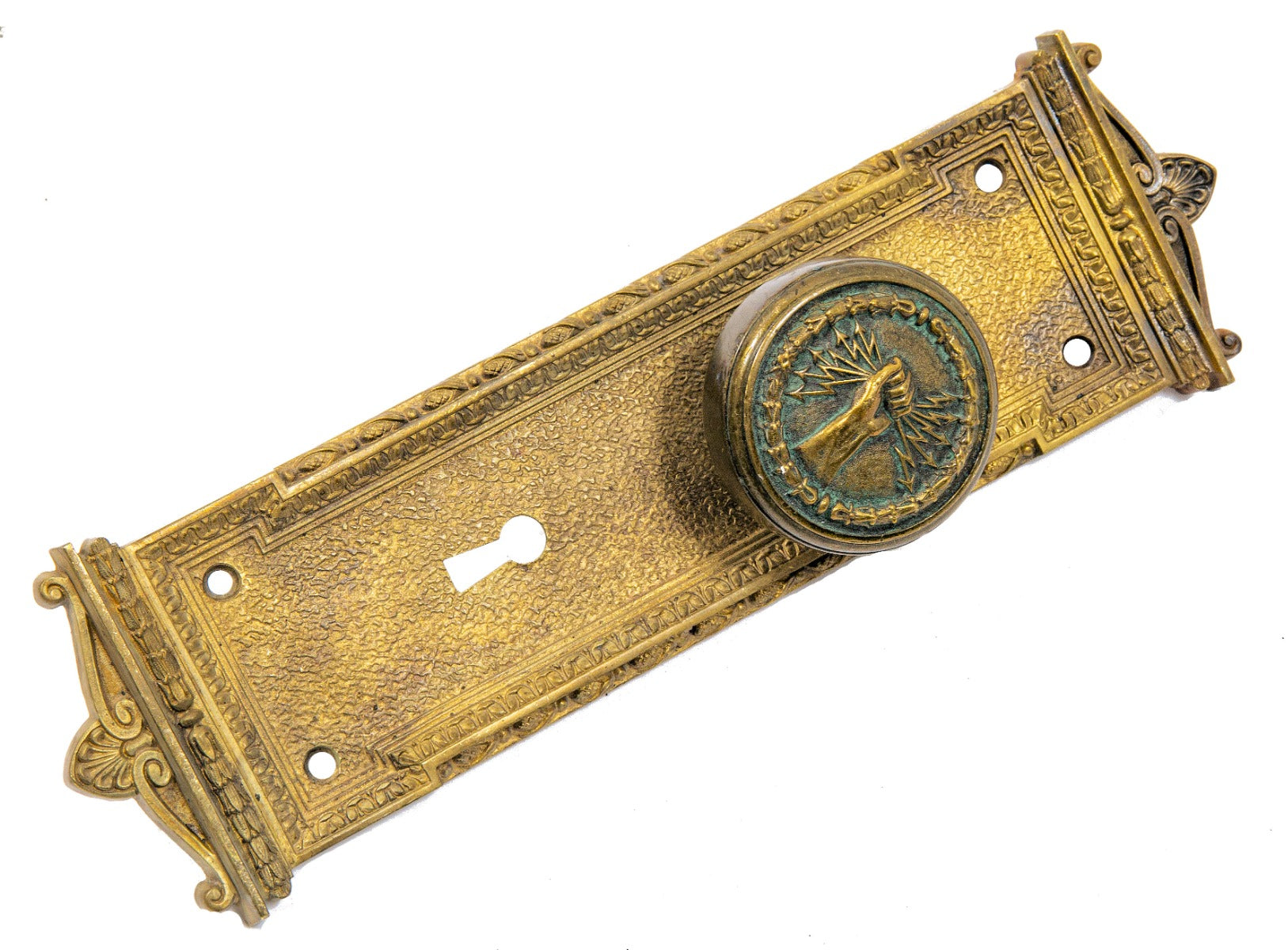 early 20th century custom-designed ornamental cast bronze milwaukee electric railway and light company doorknob and matching backplate