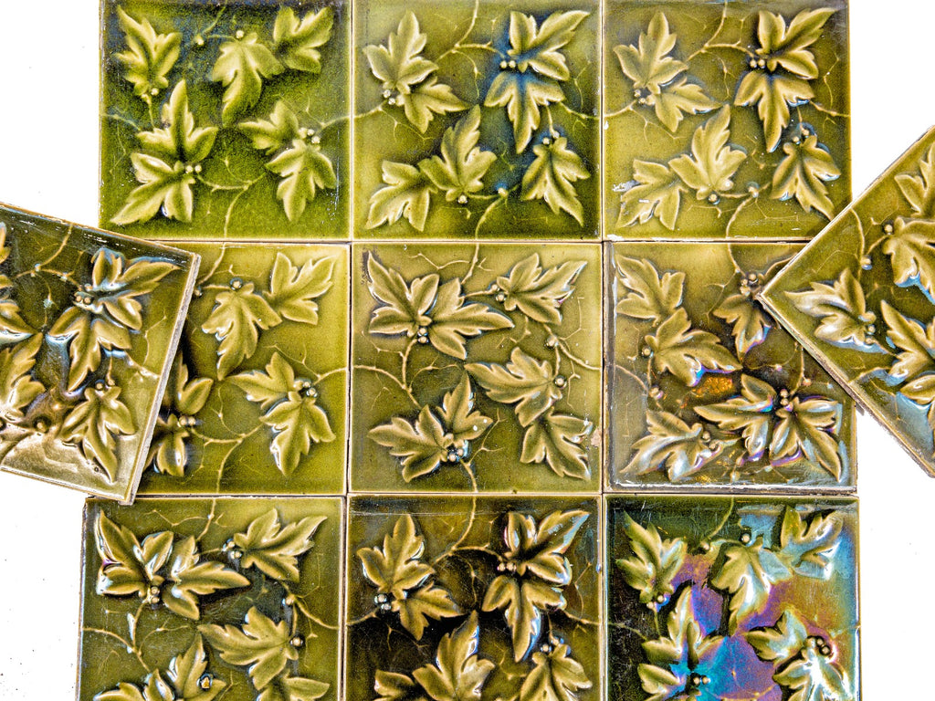 matching lot of original 19th century salvaged chicago kensington salvaged or reclaimed residential 6 x 6 inch green glazed majolica tiles