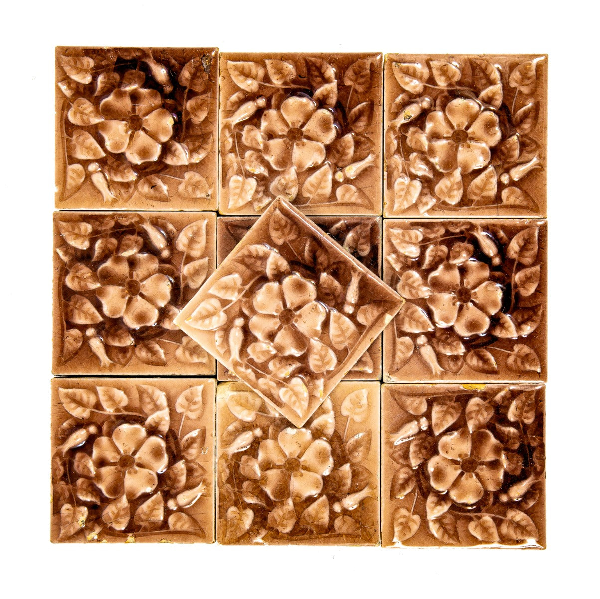 lot of ten matching original 1890s salvaged chicago majolica-glazed floral pattern 4 x 4 inch tiles with allover crazing