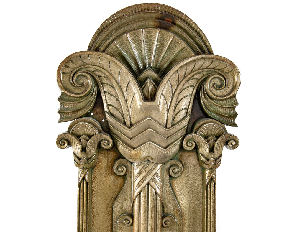 historically important american c. 1929 american art deco style oversized nickel-plated cast bronze palmolive building facade pilaster with visually stunning endcap